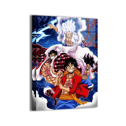 Durable aluminum print with modern sheen featuring Luffy and his gear forms; art by Emmanuel Centeno.