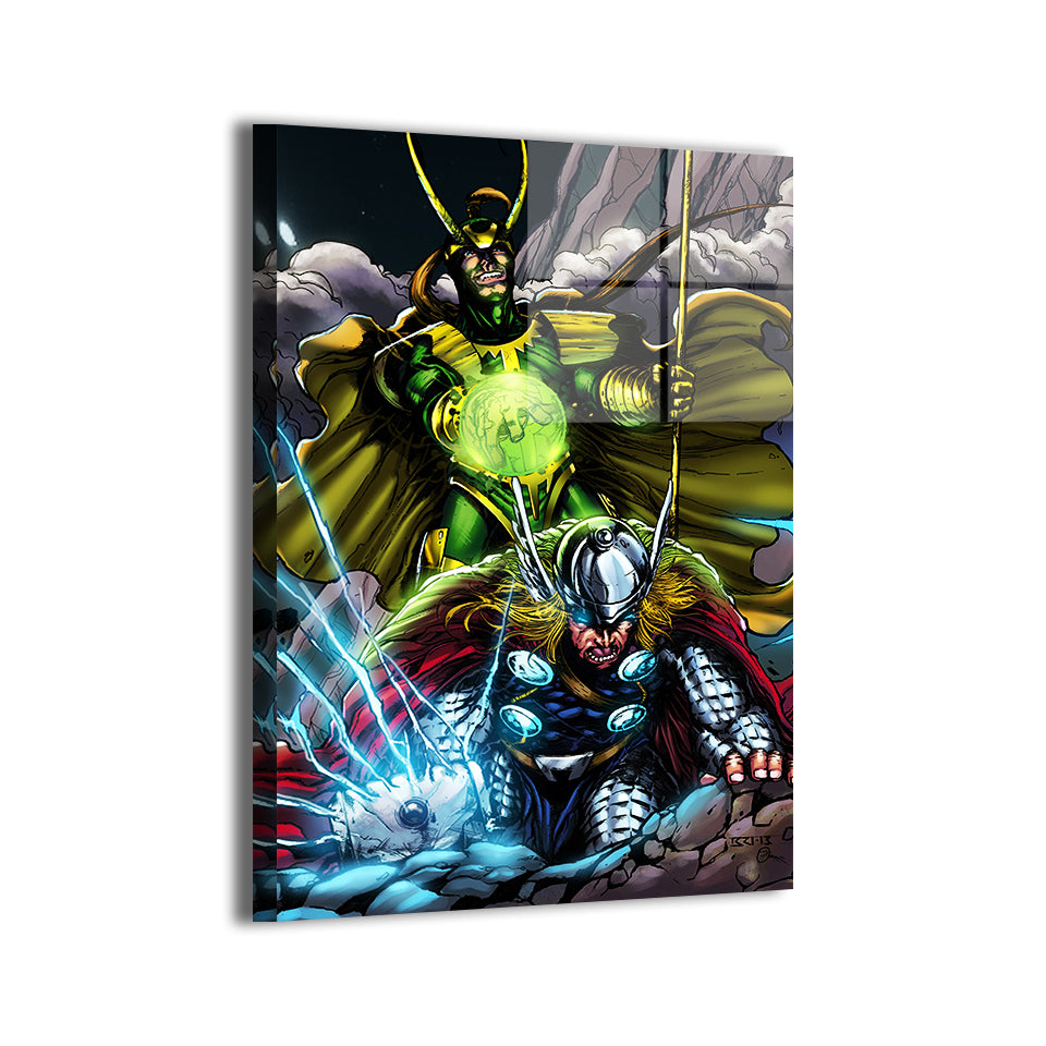 Intense Thor and Loki confrontation; metallic wall art by Balando and Omi.