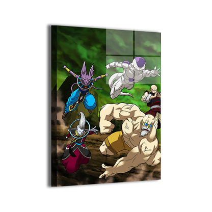 Beerus, Whis, Frieza, Roshi, Krillin DBS artwork; metallic sheen, ready to hang.
