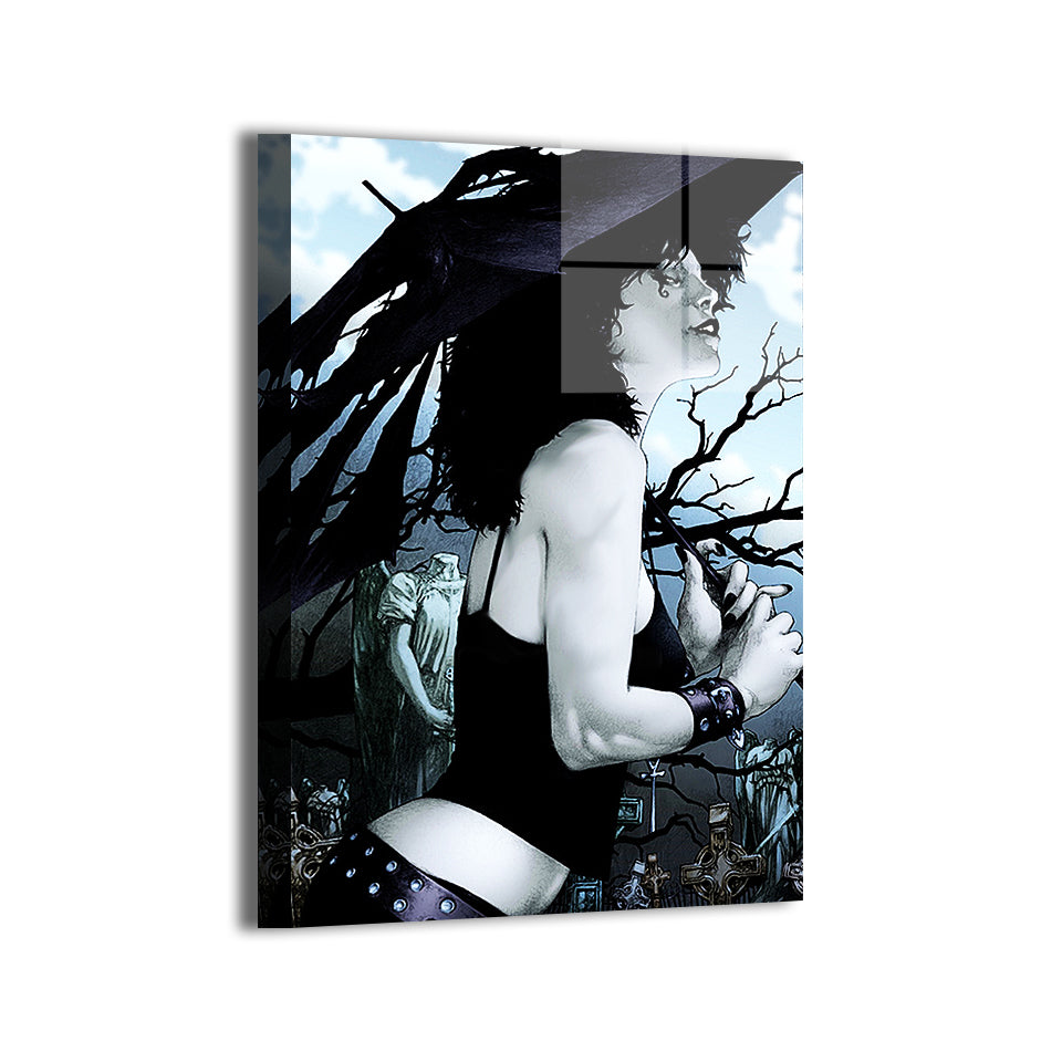 Gothic comic-style Death against bare trees and statues; modern metal print finish.