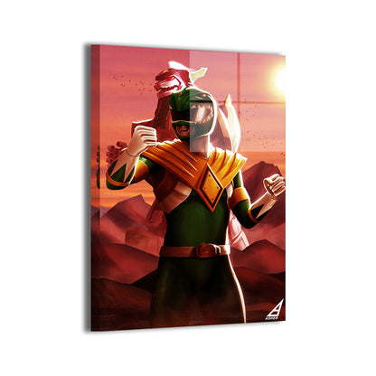 metallic print of Green Ranger with Dragonzord in desert battle stance.