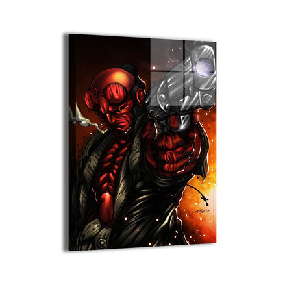 Dynamic Hellboy gun pose with sparks and smoke; modern metal print finish.