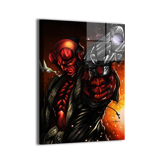 Dynamic Hellboy gun pose with sparks and smoke; modern metal print finish.