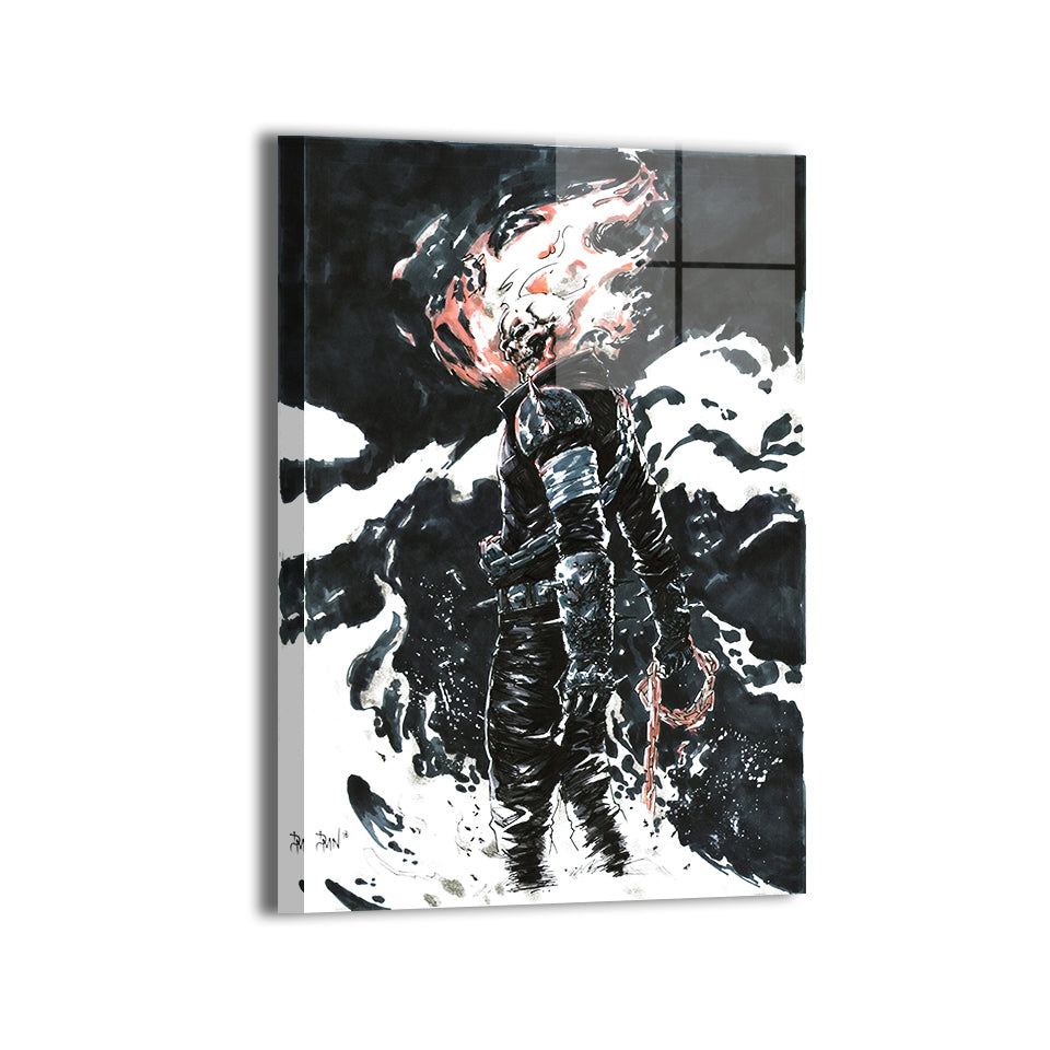 Hellfire Judgment Metal Print — Ghost Rider’s skull ablaze with burning energy, artwork by Don Mark Noceda; modern sheen, ready to hang.