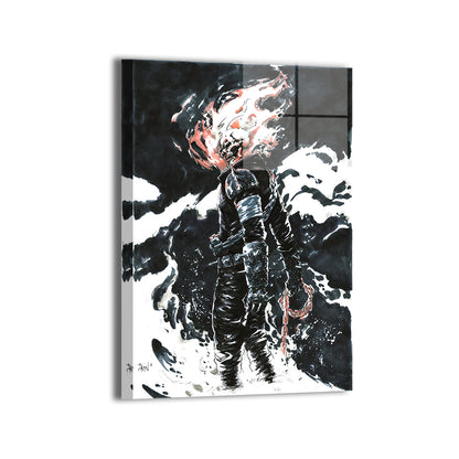 Hellfire Judgment Metal Print — Ghost Rider’s skull ablaze with burning energy, artwork by Don Mark Noceda; modern sheen, ready to hang.