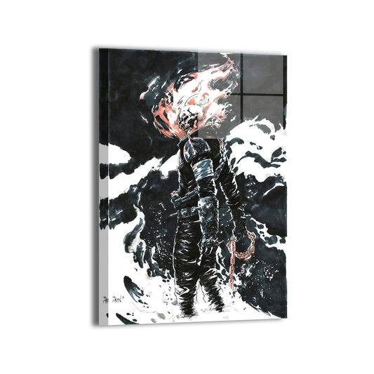 Hellfire Judgment Metal Print — Ghost Rider’s skull ablaze with burning energy, artwork by Don Mark Noceda; modern sheen, ready to hang.