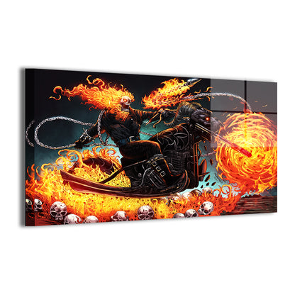 Durable aluminum print featuring Ghost Rider’s fiery ride and swirling chains.
