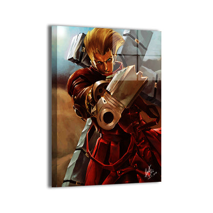 Vash the Stampede pointing gun forward; Ceasar artwork; modern metallic sheen.