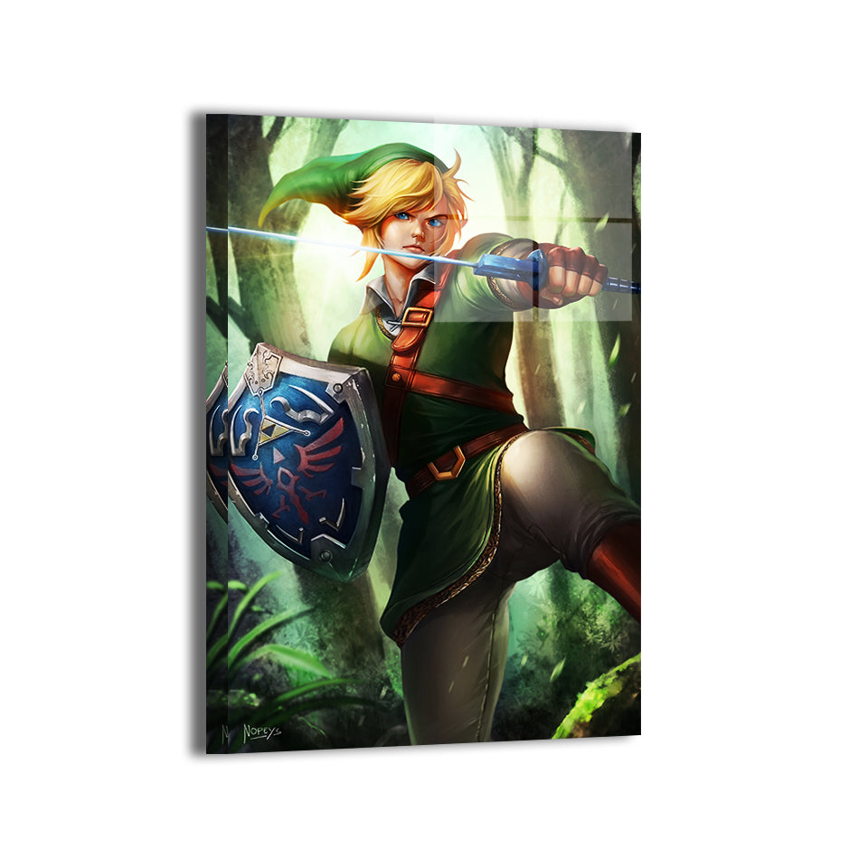 Hylian Resolve Metal Print — fantasy swordsman with crest shield amid woodland glow, artwork by Nopeys; modern sheen, ready to hang.