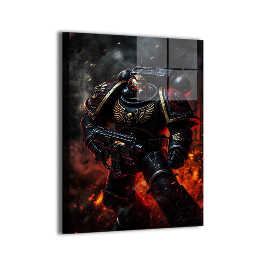 Warhammer-style Space Marine in combat; modern metallic sheen.