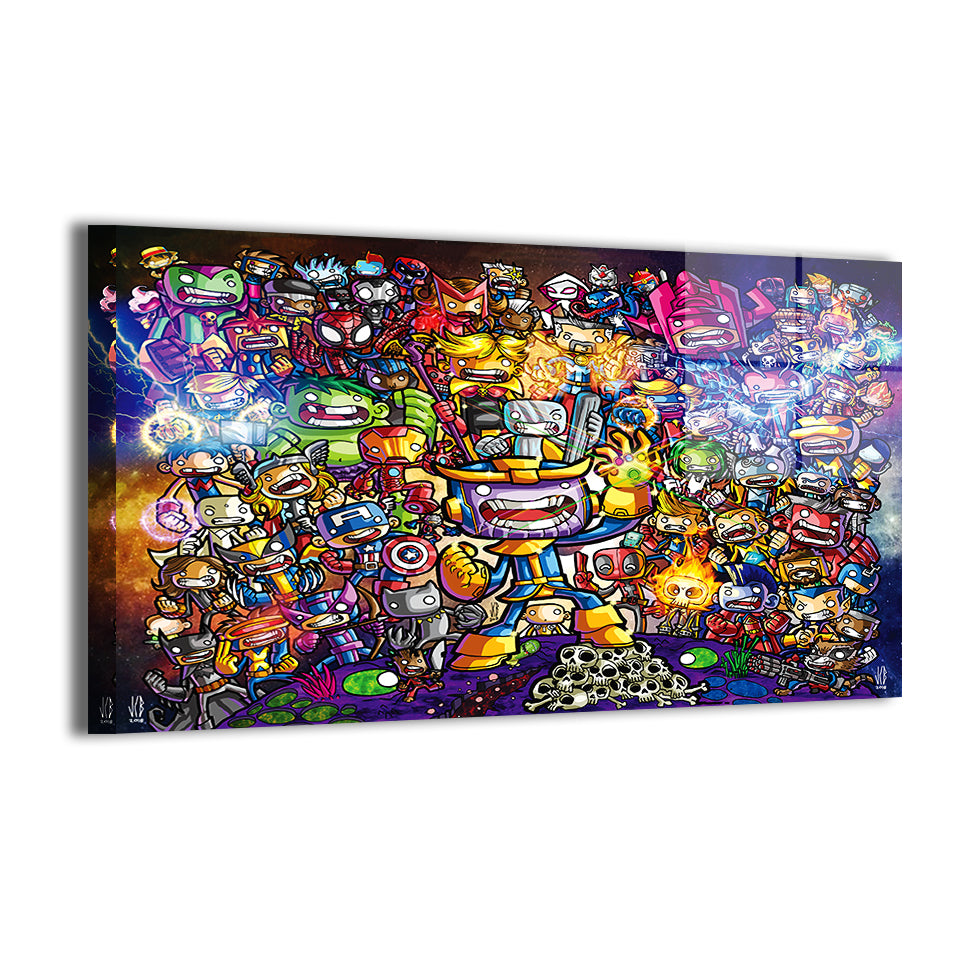 Infinity Chibi Army Metal Print — modern-sheen chibi hero mosaic, artwork by Jeff Benitez; ready to hang.