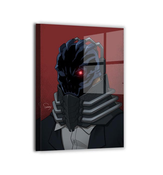 Satin metal panel featuring All For One masked portrait—sleek sheen, bold contrast; by Sam Dela Torre.