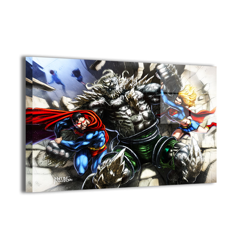 Superman and Supergirl vs Doomsday wall art by Ryan Pasibe; sleek metal finish.