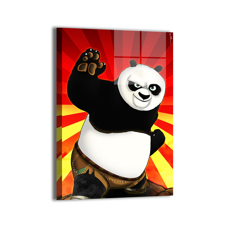 Kung Fury Panda Metal Print — energetic red backdrop and confident Po, artwork by Emmanuel Centeno; modern sheen, ready to hang.