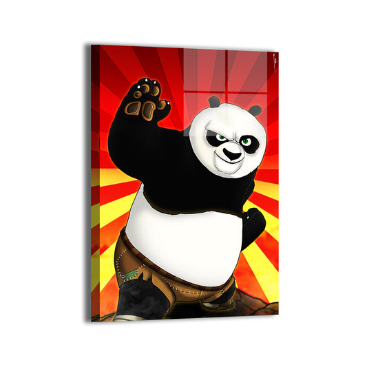 Kung Fury Panda Metal Print — energetic red backdrop and confident Po, artwork by Emmanuel Centeno; modern sheen, ready to hang.
