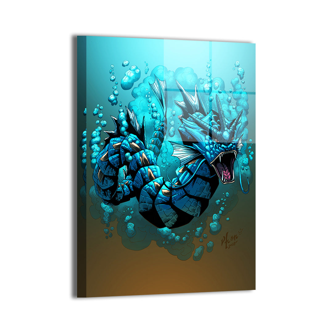 Metallic Gyarados print with bright ocean blues and bold linework.