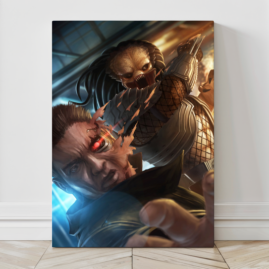 24x36 Canvas Wall Art – Predator vs Terminator Battle Scene by Ceasar