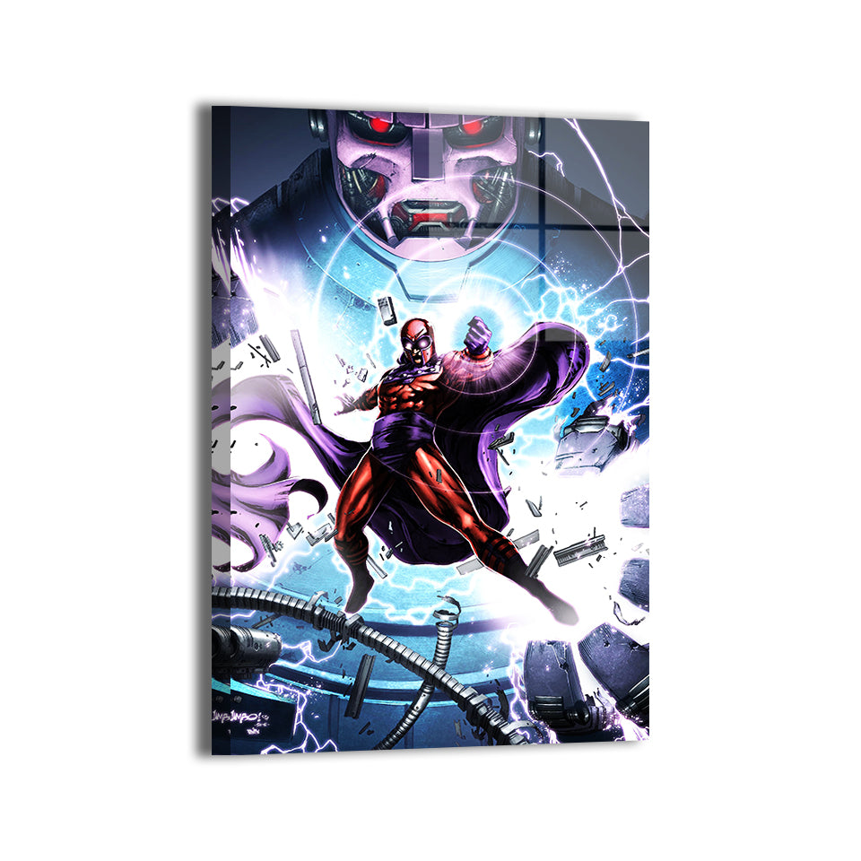 Magneto vs Sentinel by Jimbo Salgado; modern metallic sheen, ready to hang.