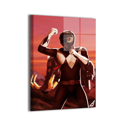 Black Ranger with Mastodon Dinozord by Ben Asher; modern metallic sheen, ready to hang.