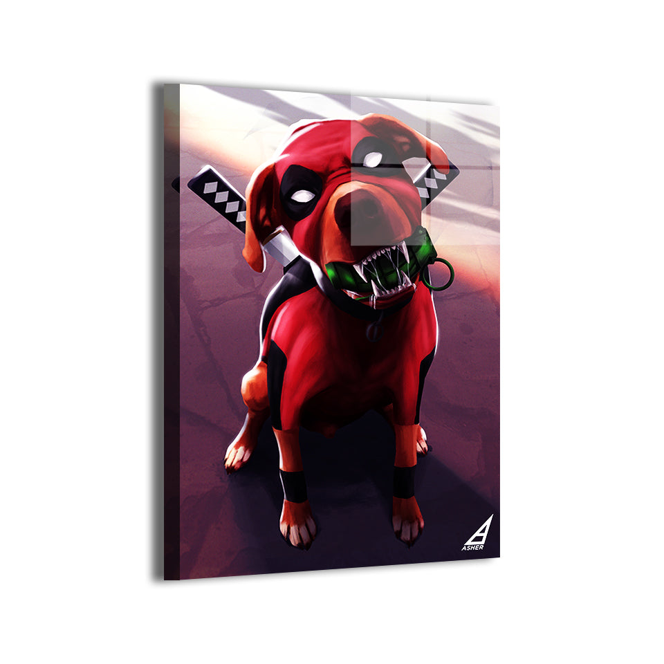 metallic print of Deadpool dog holding grenade, comic fan art by Ben Asher.
