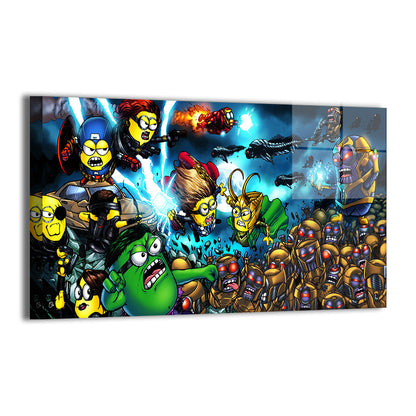 Avengers-style minions fighting Loki, Thanos, and alien soldiers; Brian Balando artwork; metallic sheen.