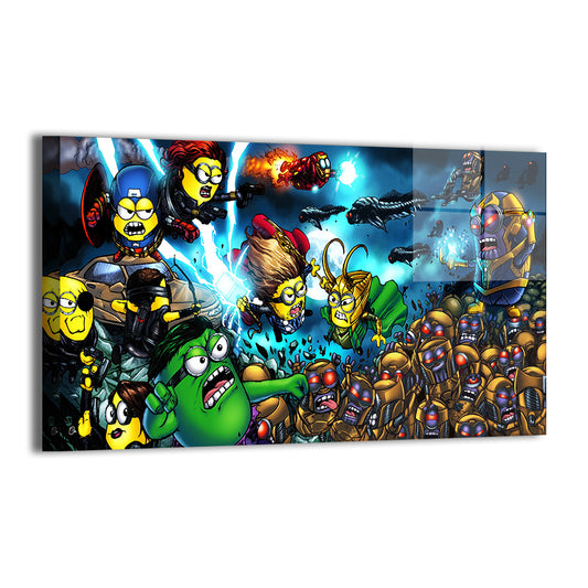 Avengers-style minions fighting Loki, Thanos, and alien soldiers; Brian Balando artwork; metallic sheen.