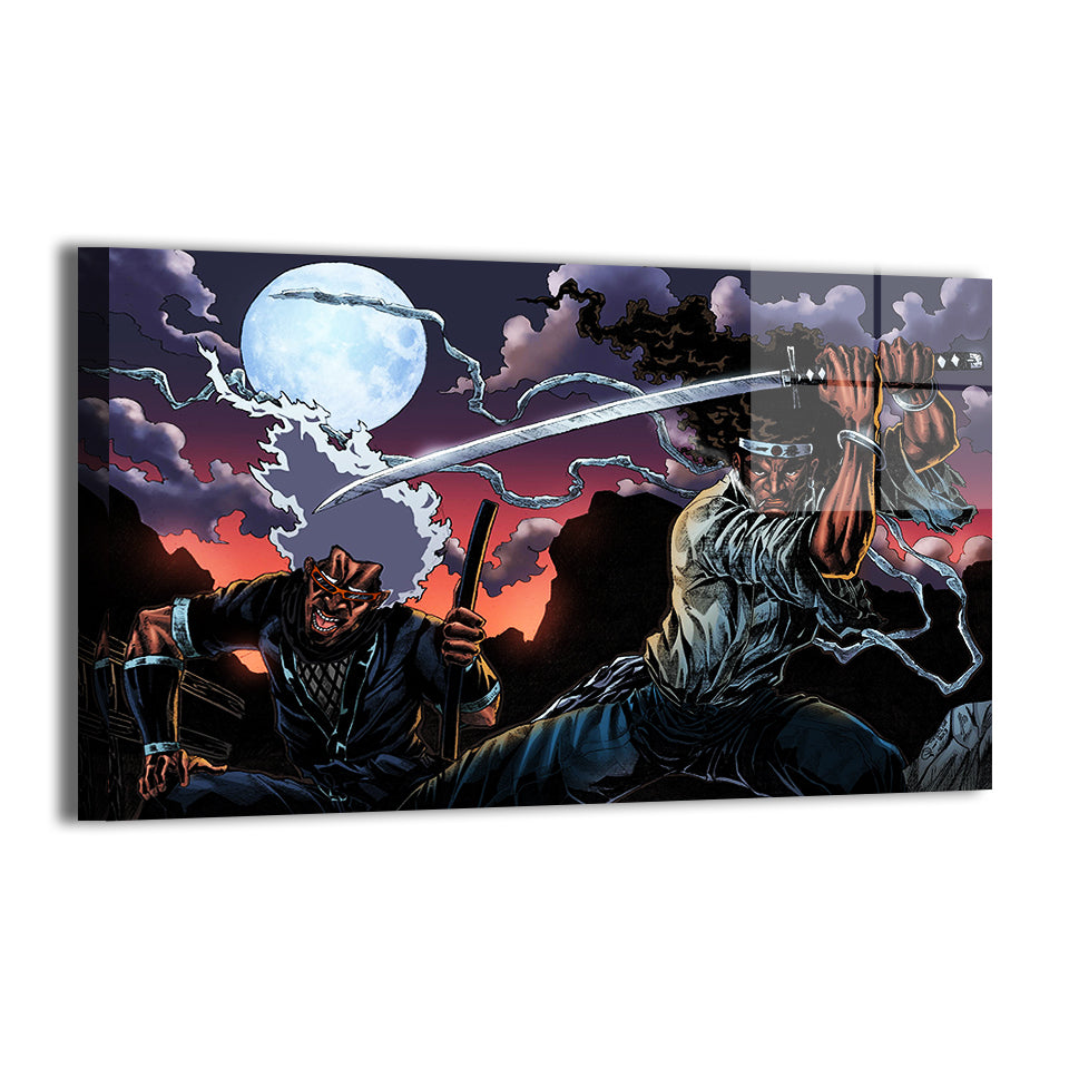 Afro Samurai facing opponent beneath moonlit sky; Jey Soliva art; metallic sheen.