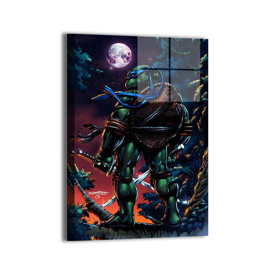 Moonlit Sentinel Metal Print — TMNT’s Leonardo illuminated by moonlight, artwork by Emil Cabaltierra; modern sheen, ready to hang.