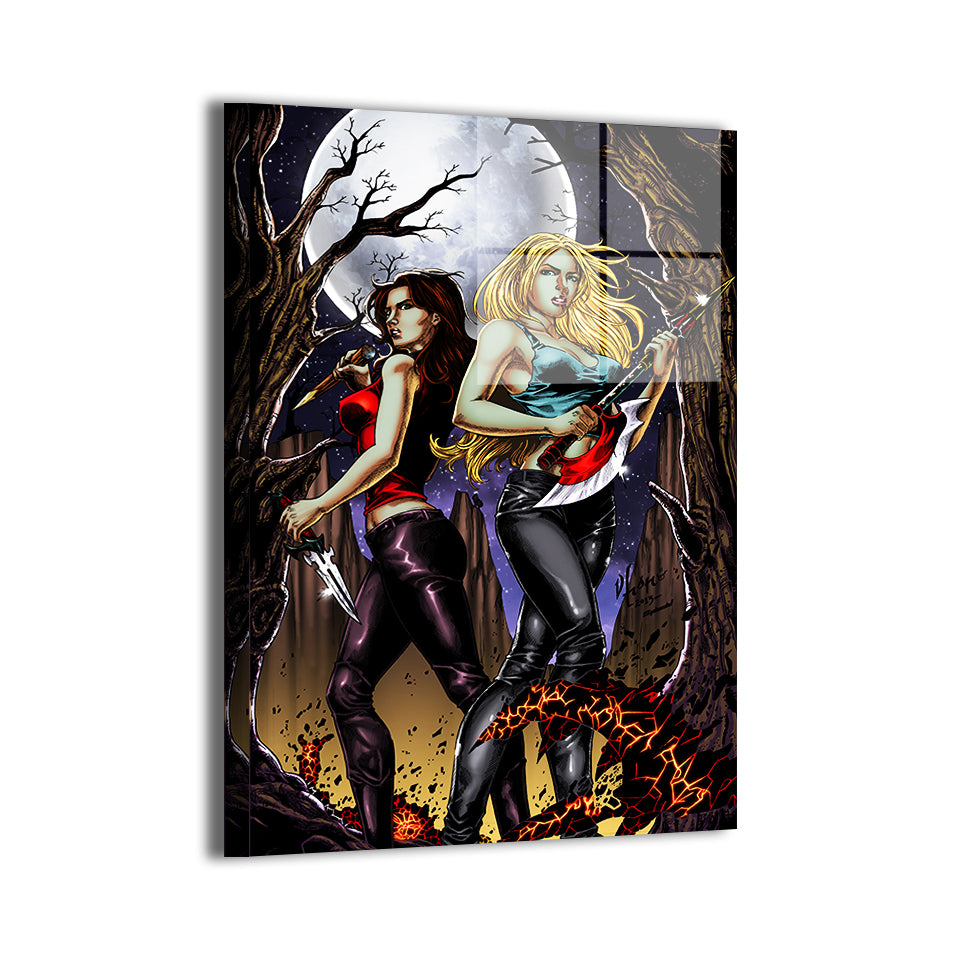 buffy summers and faith amid cracked ember ground by Vhon Remot; modern metallic sheen, ready to hang.