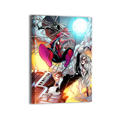 Moonlit Web & Whiskers Metal — Spider-Man and Black Cat mid-air team-up over city lights, Marvel fan art by Keith Curtis, colors by Nestor Redulla Jr.; modern sheen, ready to hang.