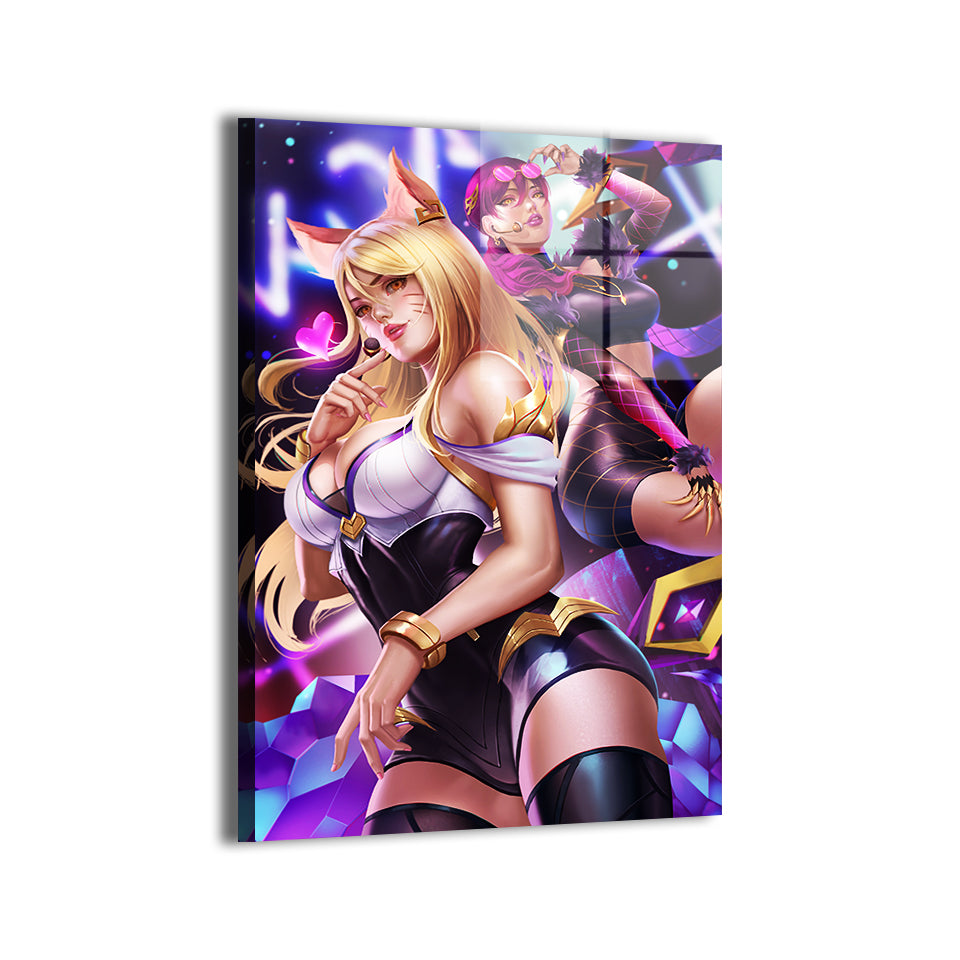 ahri and evelynn by nopeys; sleek metallic sheen, ready to hang.