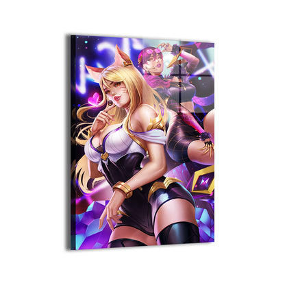 ahri and evelynn by nopeys; sleek metallic sheen, ready to hang.