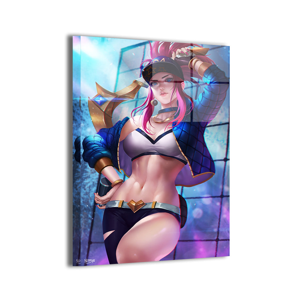 akali (k/da) by nopeys; metallic sheen enhances neon effects, ready to hang.