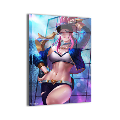 akali (k/da) by nopeys; metallic sheen enhances neon effects, ready to hang.