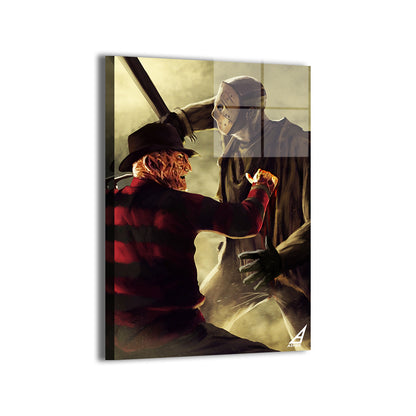 freddy krueger with claw glove vs jason vorhees with machete by Ben Asher; metallic sheen.