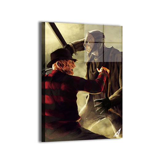 freddy krueger with claw glove vs jason vorhees with machete by Ben Asher; metallic sheen.