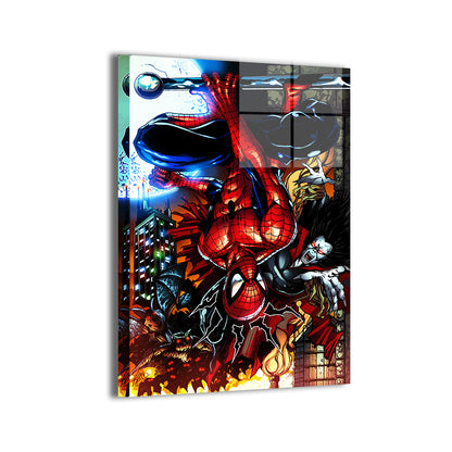 Nocturnal Takedown Metal — Spider-Man vs Morbius night battle with flames and bats; artwork by Keith Curtis, colors by Nestor Redulla Jr.; modern sheen, ready to hang.