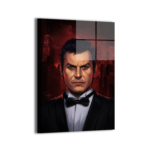 Bruce Wayne cinematic red-sky artwork; metallic sheen.