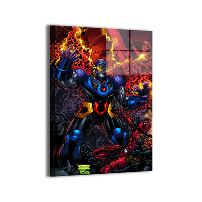 Darkseid and Deadpool in explosive city ruins; art by Savy Lim; metallic sheen.