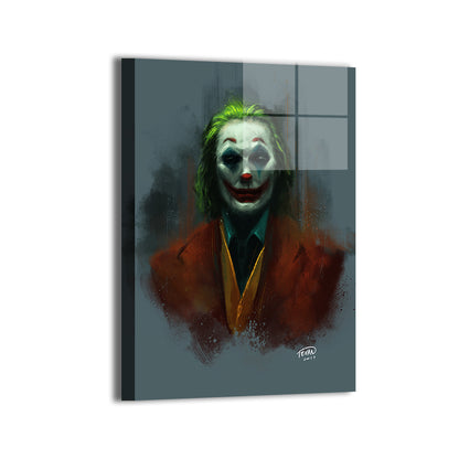 Durable aluminum metal print of Joaquin Phoenix’s Joker portrait; art by Kevin de Castro.