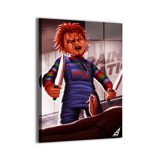 Chucky-inspired horror scene on sleek metal print; ready to hang.