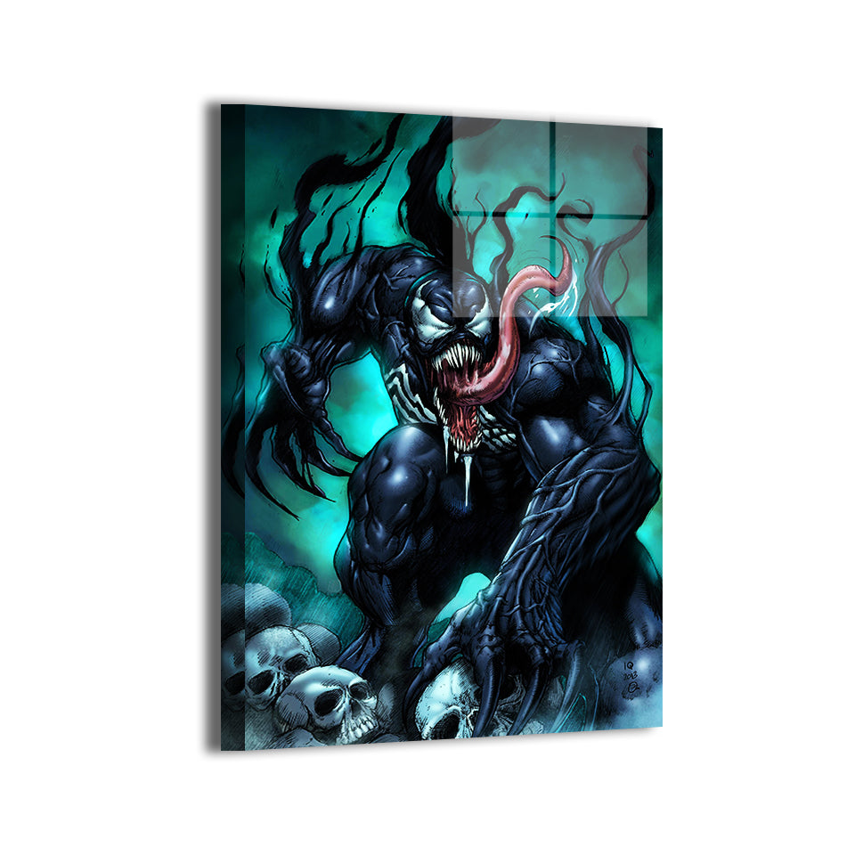 Durable aluminum print featuring Venom surrounded by teal smoke and skulls; art by Ian Quirante (IQ).
