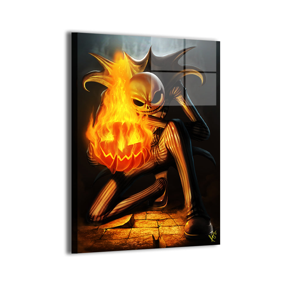 Pumpkin King–inspired character with blazing jack-o’-lantern on metal print.