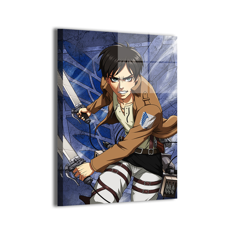 Eren Yeager from Attack on Titan by Sam Dela Torre; modern metallic sheen, ready to hang.