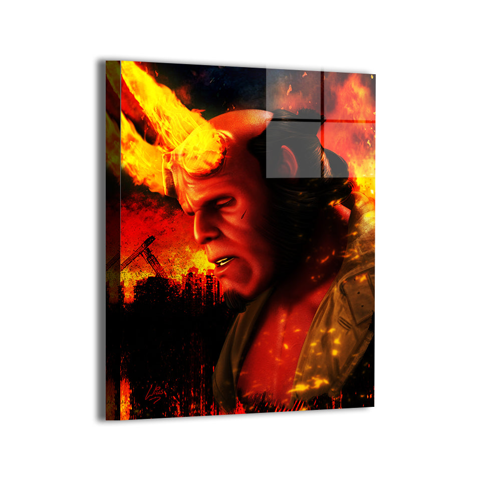 Hellboy standing in front of explosions and city ruins; modern metal print finish.