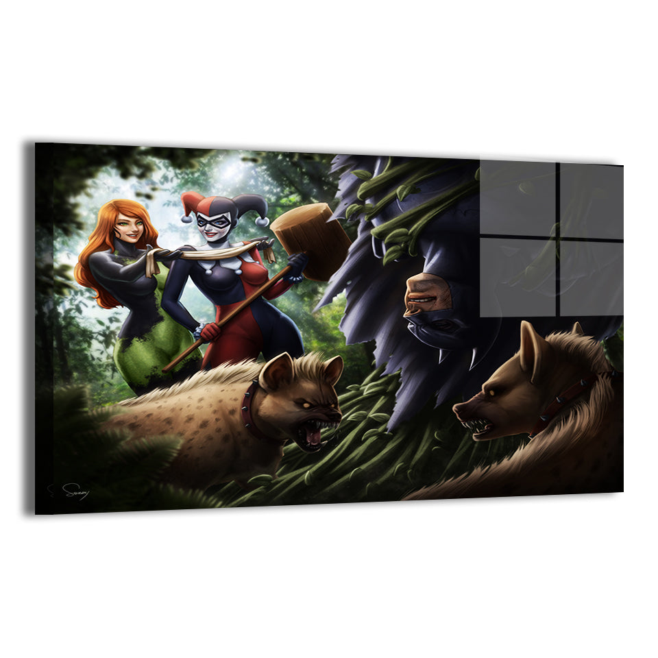 Harley Quinn, Poison Ivy, Batman, and hyenas artwork; metallic sheen, ready to hang.