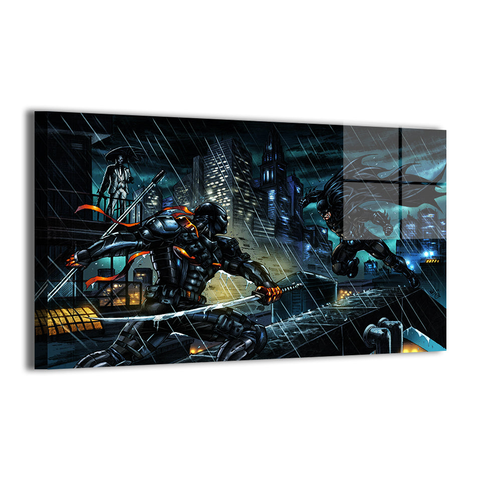 Batman vs Deathstroke by Verry Woong; modern metallic sheen, ready to hang.