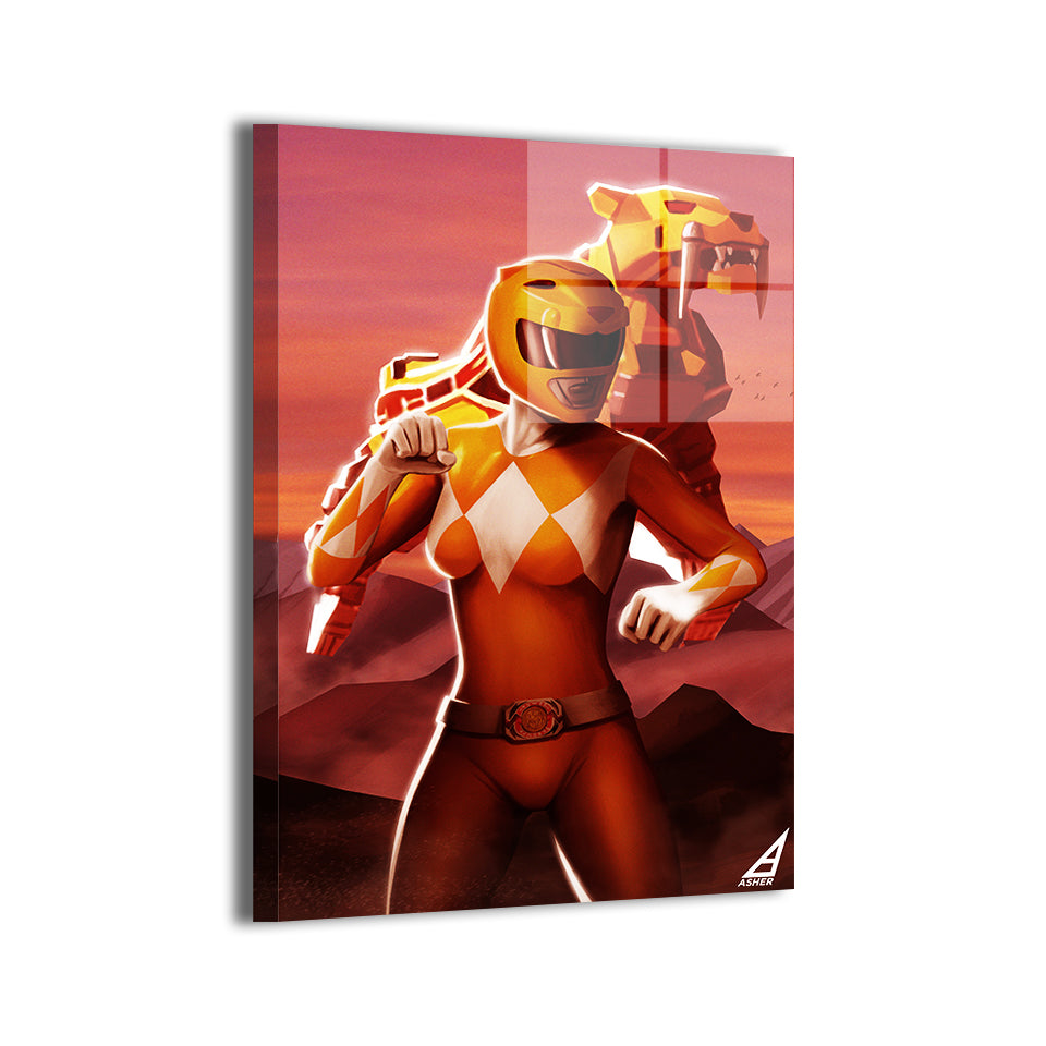 yellow ranger with sabertooth tiger dinozord by Ben Asher; modern metallic sheen, ready to hang.