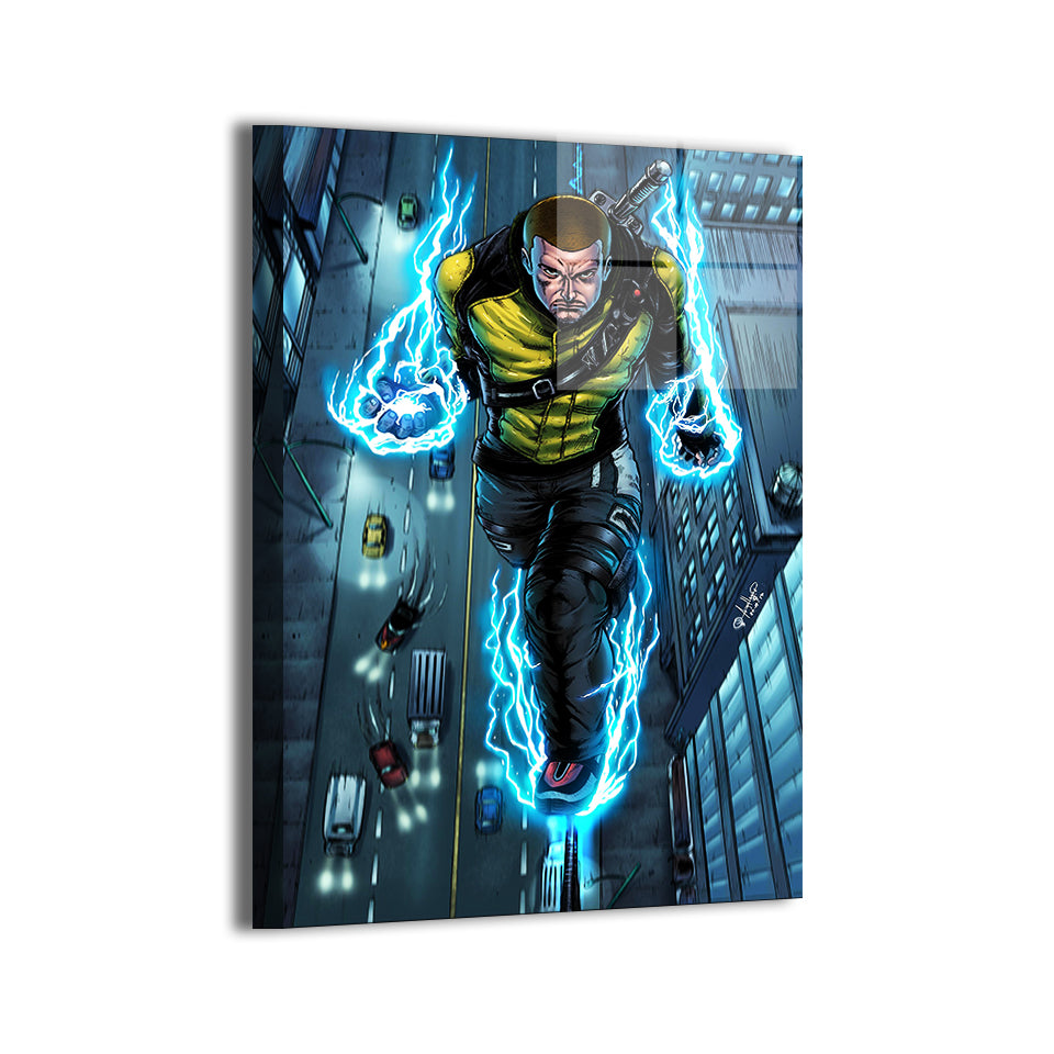 Cole MacGrath parkouring over nighttime city with electric powers activated; modern metal print.