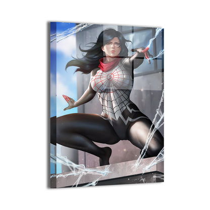 Silk (Cindy Moon) dynamic rooftop pose, modern metallic sheen; artwork by Nopeys; ready to hang